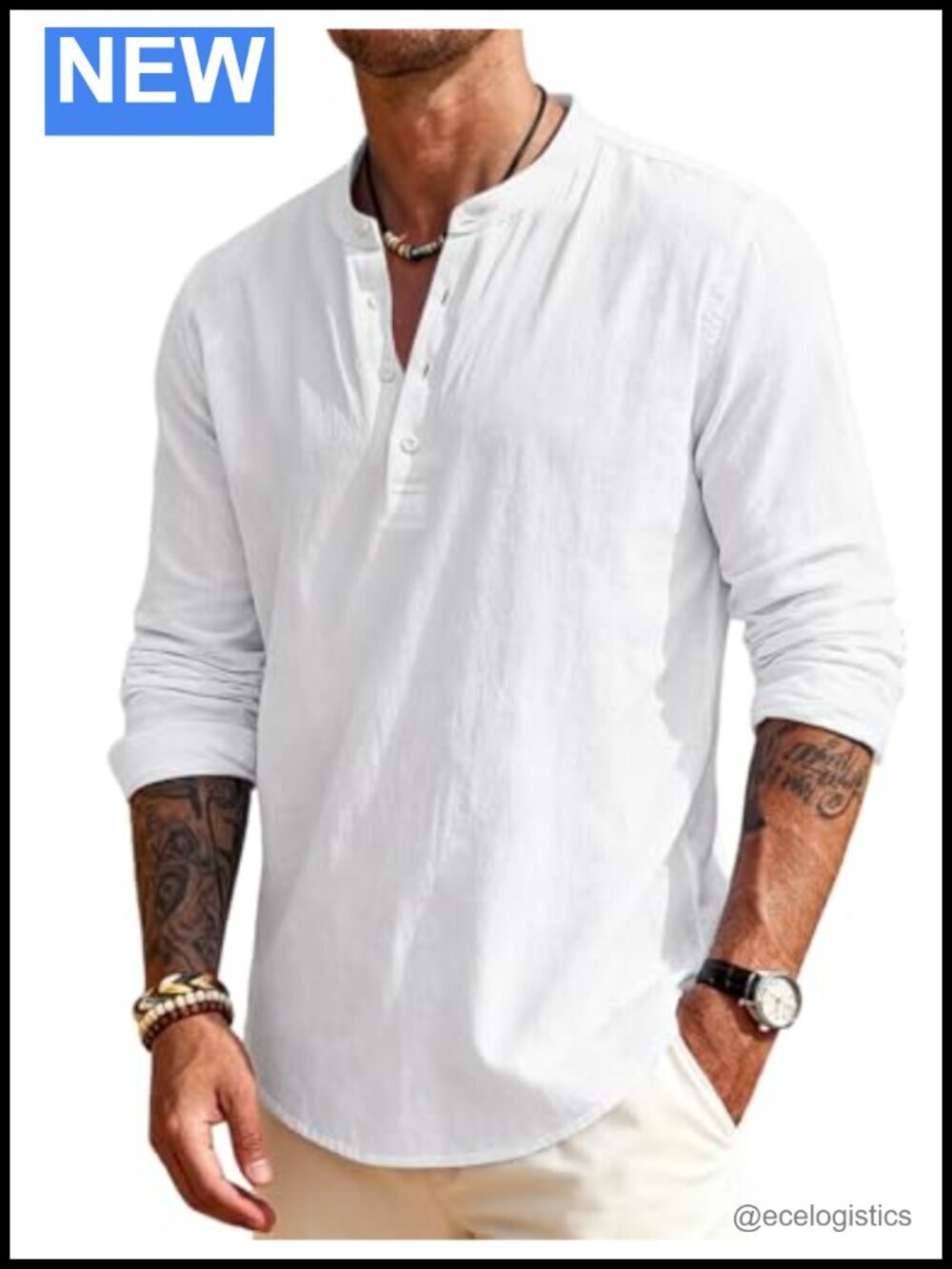 Long Sleeve Linen Henley Button Down Shirt Beach Casual